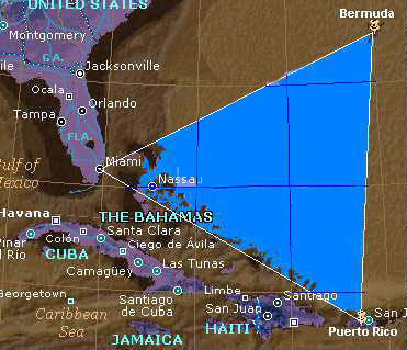The  Bermuda Triangle goes from Bermuda to Miami, Miami to Puerto Rico, and Puerto   Rico to Bermuda. In the Bermuda Triangle there are many unexplainable   occurrences that occur there.