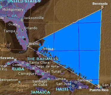 The Bermuda Triangle goes from Bermuda to Miami, Miami to Puerto Rico, and Puerto Rico to Bermuda. In the Bermuda Triangle there are many unexplainable occurrences that occur there.