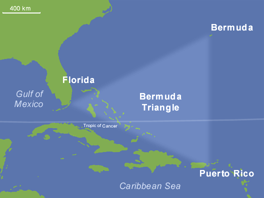 The  Bermuda Triangle runs from Bermuda to Miami, Miami to Puerto Rico, and Puerto   Rico to Bermuda. In the Bermuda Triangle there are many unexplainable   occurrences that occur there.