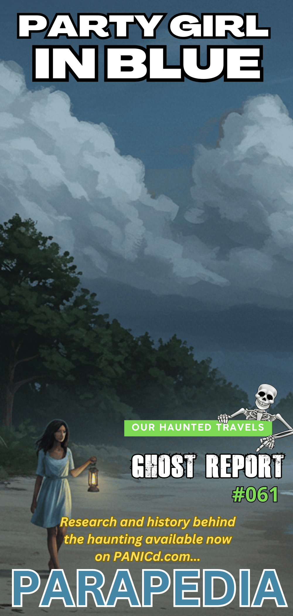 A legend of a woman dressed in a blue dress asking people about a party.