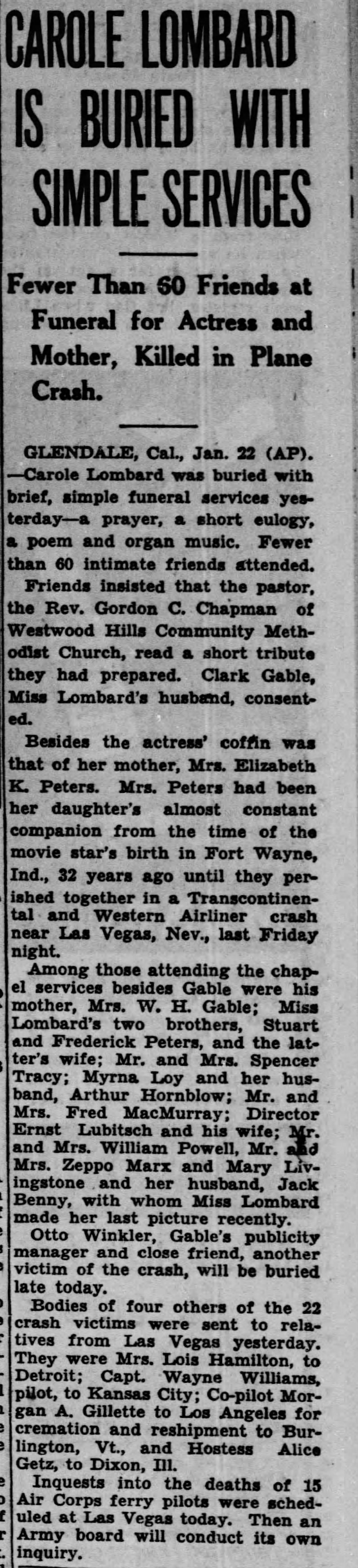 Carol Lumbard's Obituary, and reporting who attended the funeral.